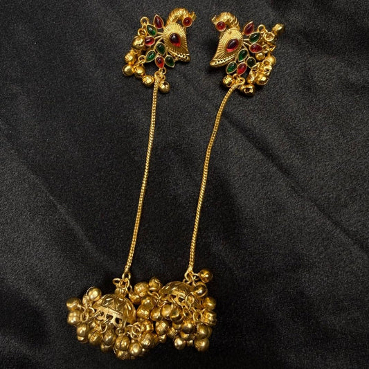 Gold Plated Peacock Jhumka Earrings with Red & Green Stones