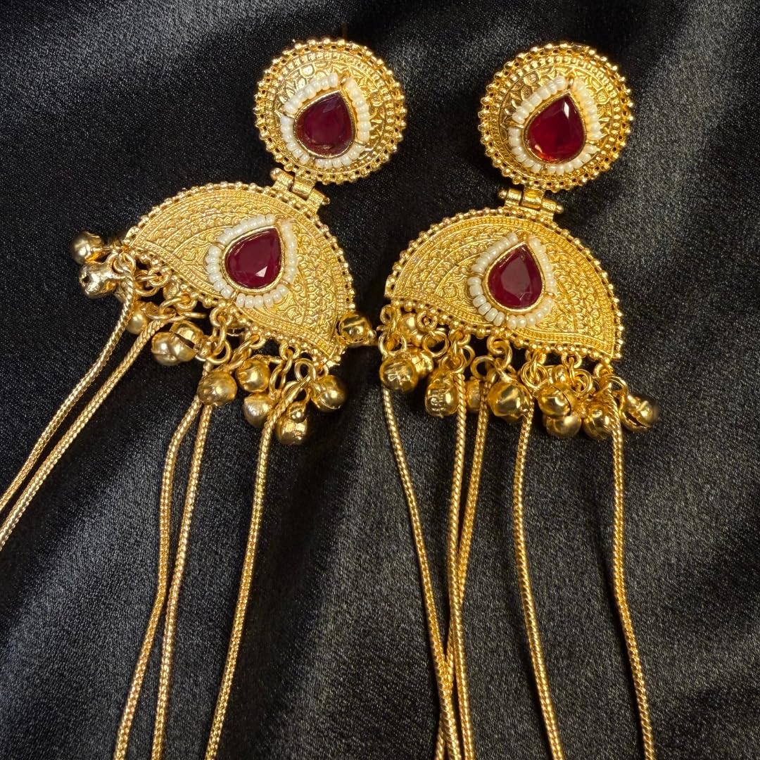 Gold Tone Kashmiri Chandbali Jhumka Earrings with Red Teardrop Stone & Pearl Border