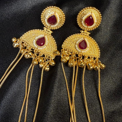 Gold Tone Kashmiri Chandbali Jhumka Earrings with Red Teardrop Stone & Pearl Border