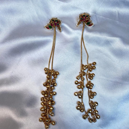 Traditional Kashmiri Long Chain Jhumka Earrings with Delicate Brass Bell Clusters