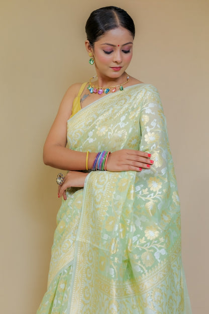Pastel Pistachio Green Pure Handloom Banarasi Kataan Jamdani Saree