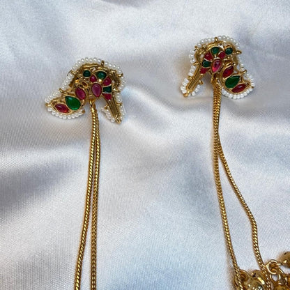 Traditional Kashmiri Long Chain Jhumka Earrings with Delicate Brass Bell Clusters