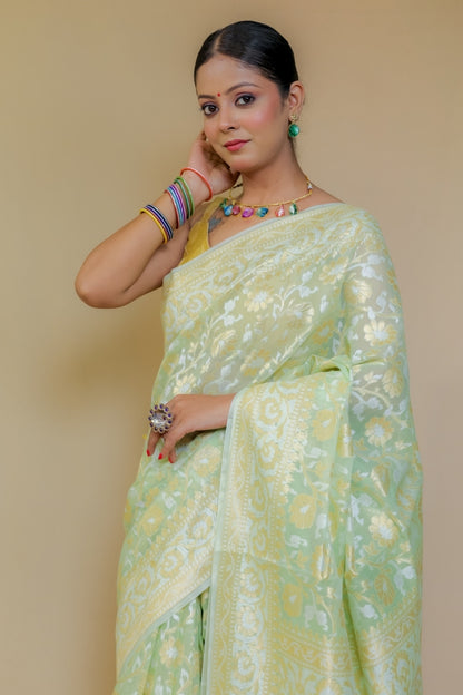 Pastel Pistachio Green Pure Handloom Banarasi Kataan Jamdani Saree