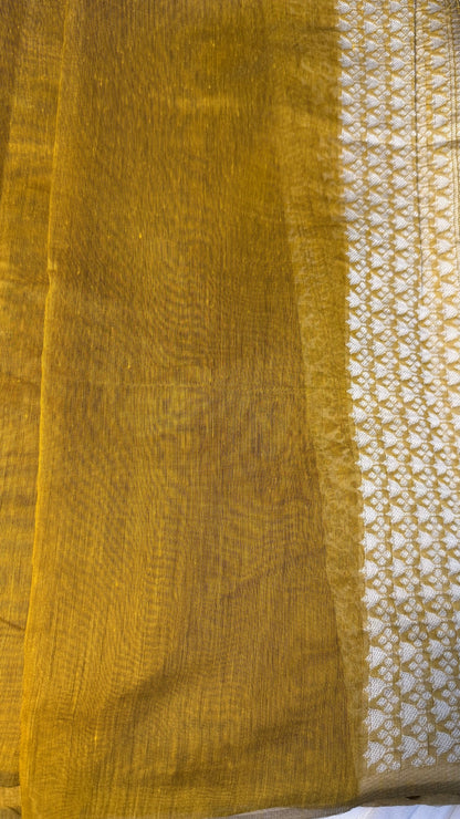Banarashe Olive Green & Cream Banarasi georgetteSaree with Gota village scens Motifs