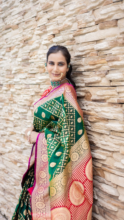 Mehendi Majesty Banarasi Silk Saree in Emerald Green & Rani Pink with Gold Zari Weave