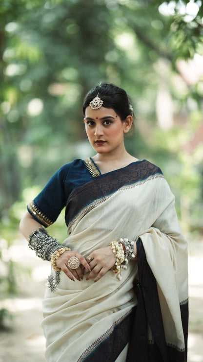 Pure Silk Monga Plain Resham Work Saree – Ivory with Deep Navy Border