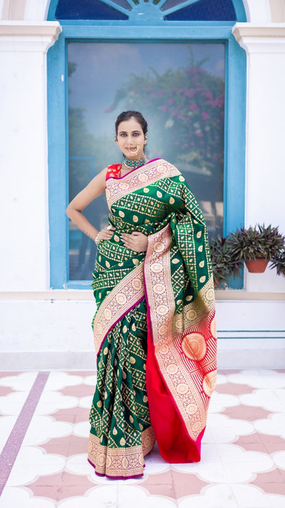 Mehendi Majesty Banarasi Silk Saree in Emerald Green & Rani Pink with Gold Zari Weave