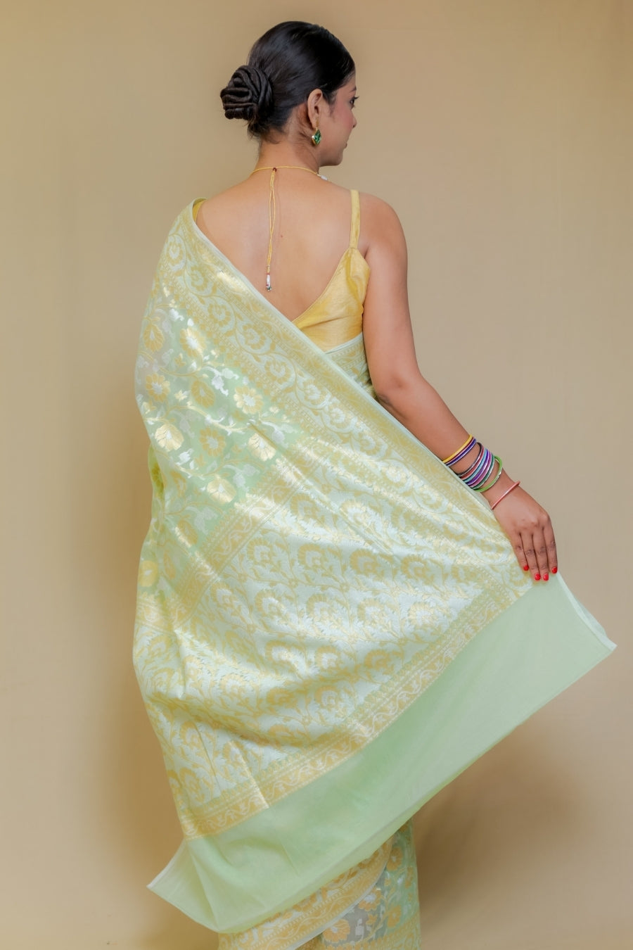 Pastel Pistachio Green Pure Handloom Banarasi Kataan Jamdani Saree