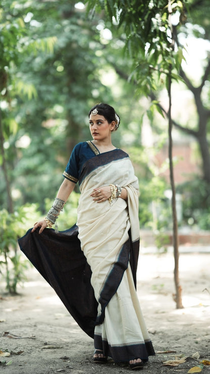 Pure Silk Monga Plain Resham Work Saree – Ivory with Deep Navy Border