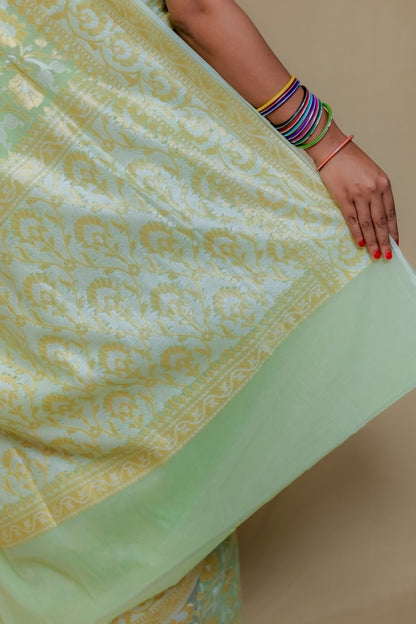 Pastel Pistachio Green Pure Handloom Banarasi Kataan Jamdani Saree