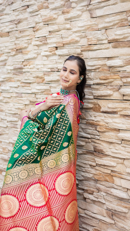 Mehendi Majesty Banarasi Silk Saree in Emerald Green & Rani Pink with Gold Zari Weave