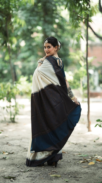 Pure Silk Monga Plain Resham Work Saree – Ivory with Deep Navy Border