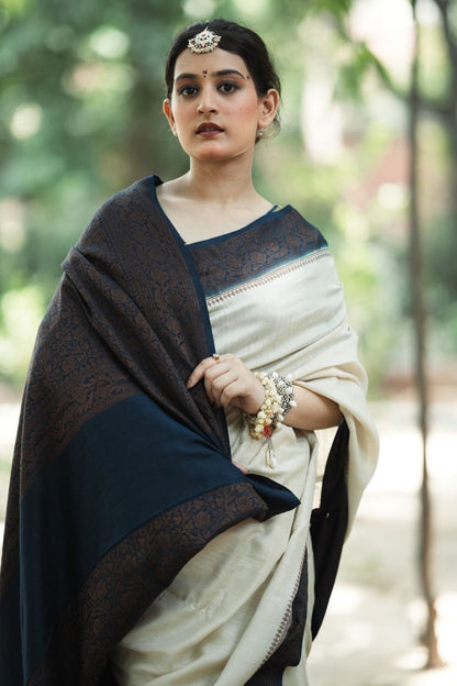 Pure Silk Monga Plain Resham Work Saree – Ivory with Deep Navy Border