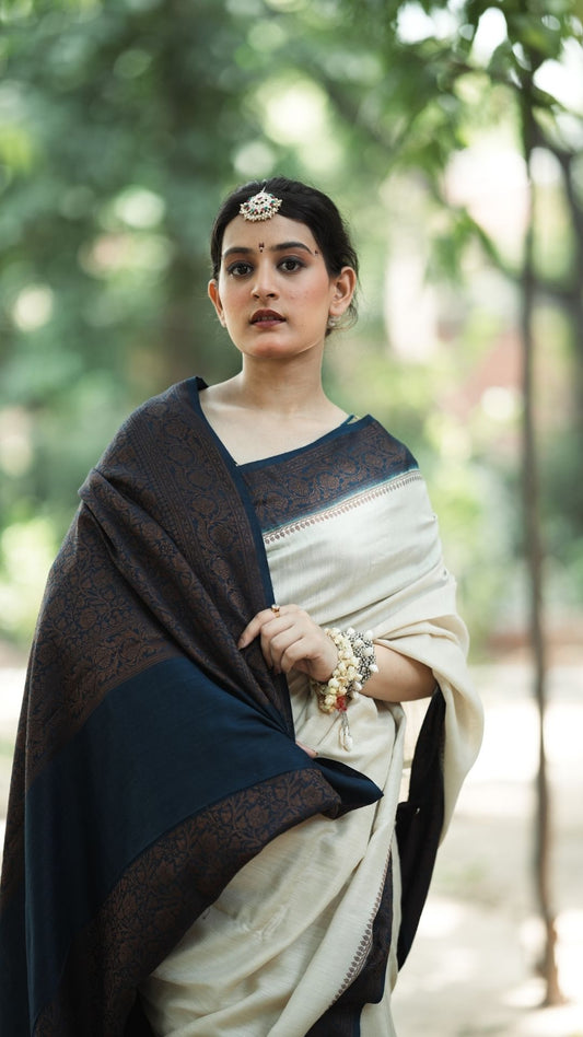 Pure Silk Monga Plain Resham Work Saree – Ivory with Deep Navy Border