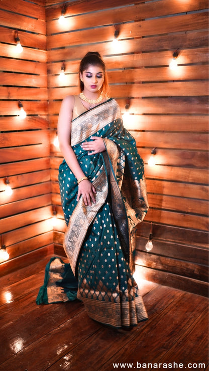 Turkish Blue Pure Katan Silk Banarasi Saree