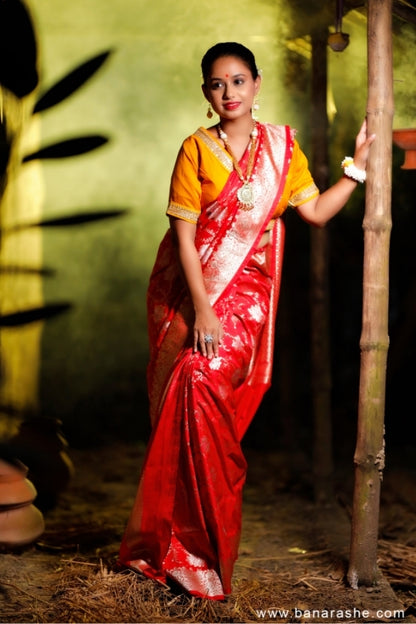 Red with Jaal Zari Work Handloom Katan Pure Silk Saree