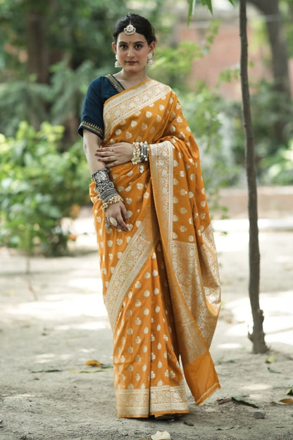 Sami Silk Nakshi Zari Booti Saree – Marigold Yellow with Silver Zari
