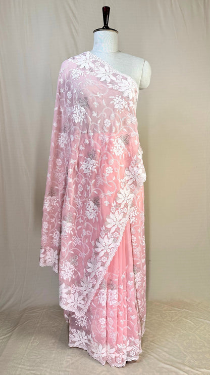 Elegant pink chikankari Saree with White Floral Embroidery