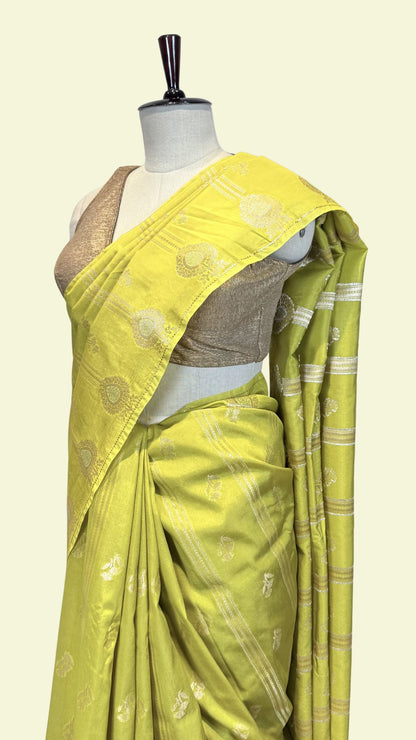 Lime Green Raw Mango Silk Saree