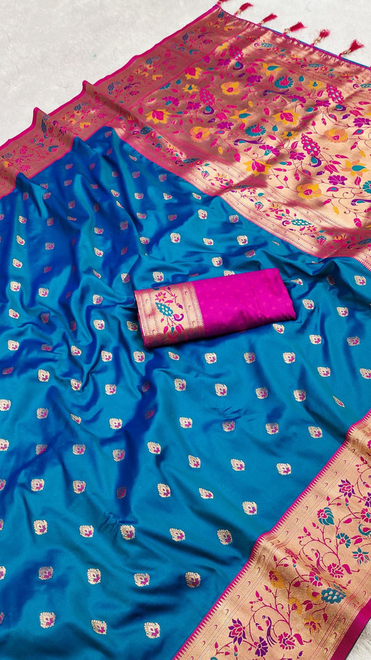 Designer Blue Paithani Silk Saree with Floral Booti & Contrast Pink Pallu
