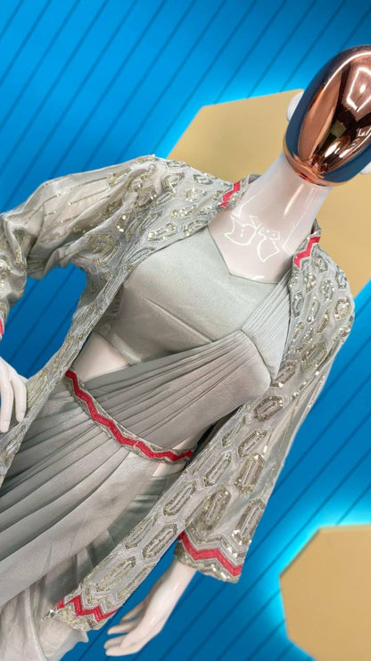 Silver Grey Chinon Silk Ready-to-Wear Saree with Embroidered Jacket