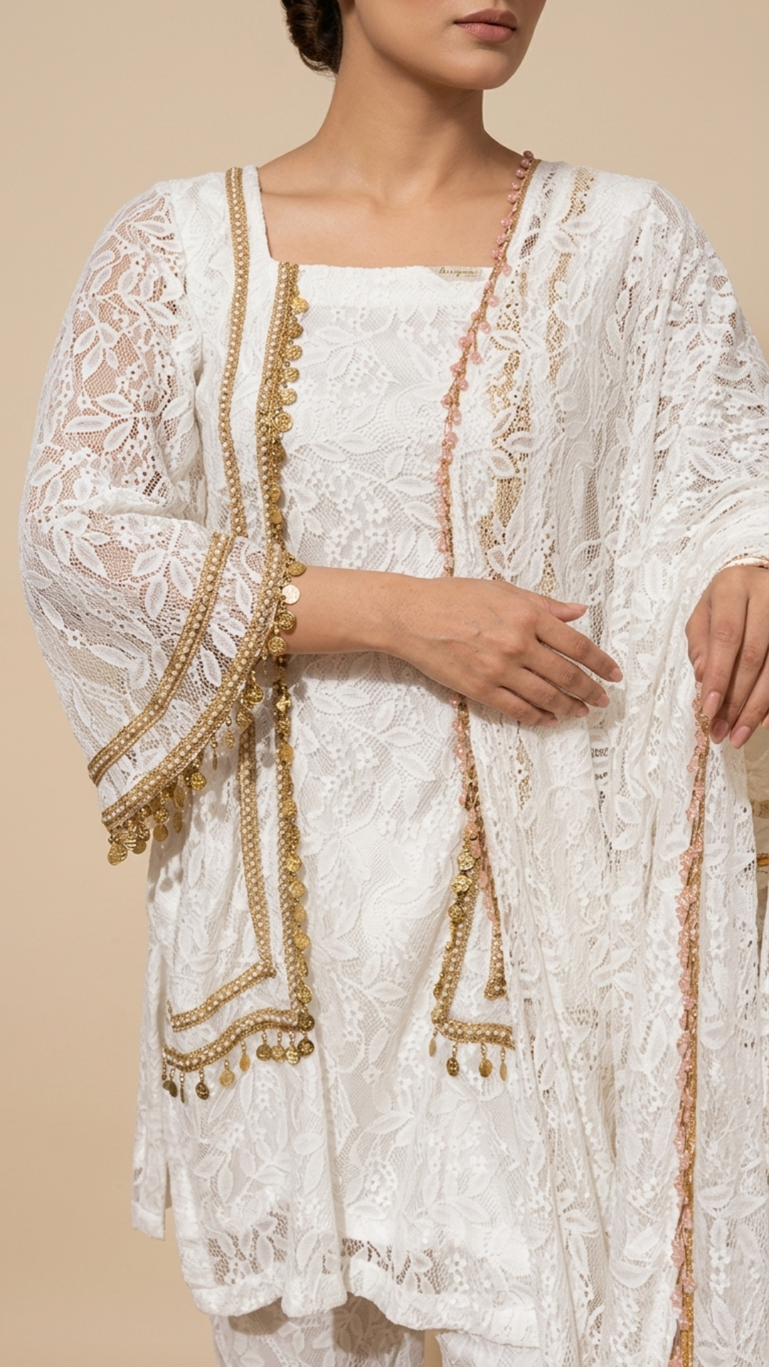 Banarashe Women’s Ivory White Lace-Textured Kurta with Straight Pants and Dupatta Set