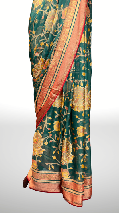 Banarashe Teal Green Floral Printed Georgette Saree with Peach & Gold Traditional Border