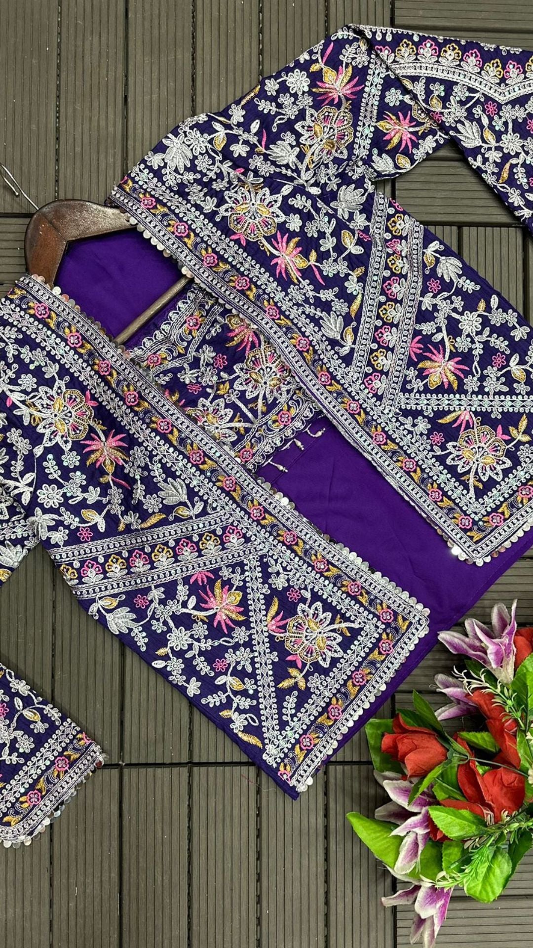 Purple Ready-to-Wear Chinon Saree with Embroidered Koti Jacket & Banglori Silk Blouse