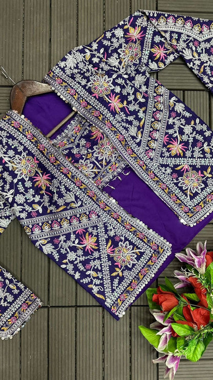 Purple Ready-to-Wear Chinon Saree with Embroidered Koti Jacket & Banglori Silk Blouse