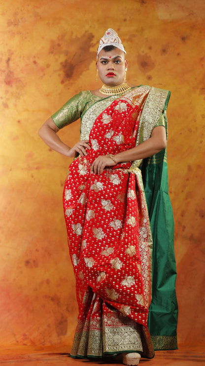 Red and Green all Jaal Zari Art Work Handloom Katan Pure Silk Saree