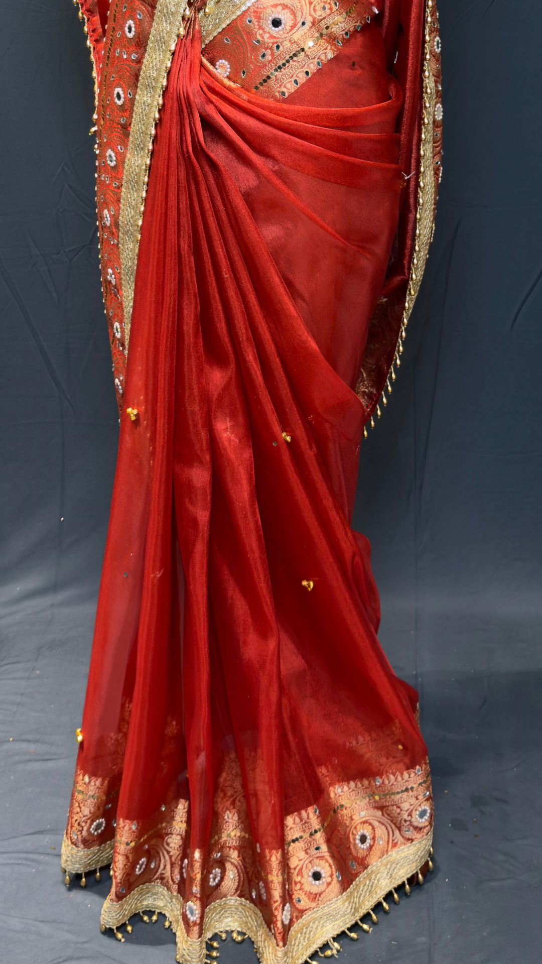Red Tissue Ghungroo & Mirror Work Saree with Designer Border
