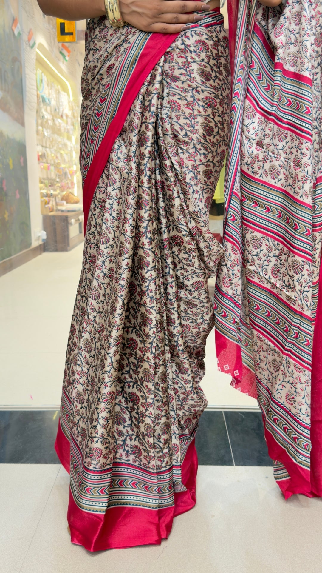 Elegant Pink & Beige Printed Silk Saree with Traditional Border