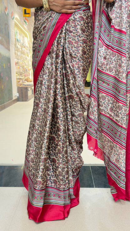 Elegant Pink & Beige Printed Silk Saree with Traditional Border