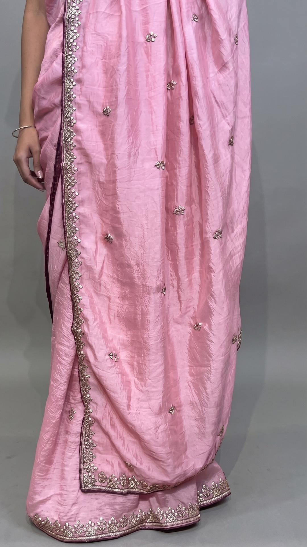 Banarashe Blush Pink Tissue Saree with Delicate Zari Border