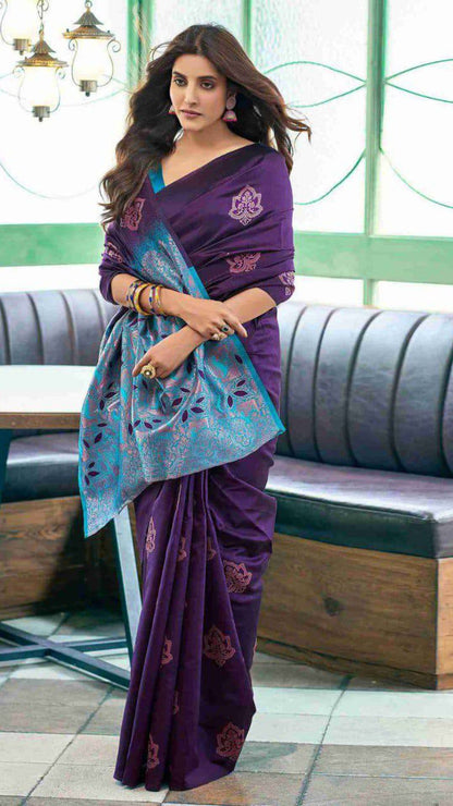 Purple Soft Lichi Silk Saree with Rich Teal Jacquard Pallu & Contrast Blouse