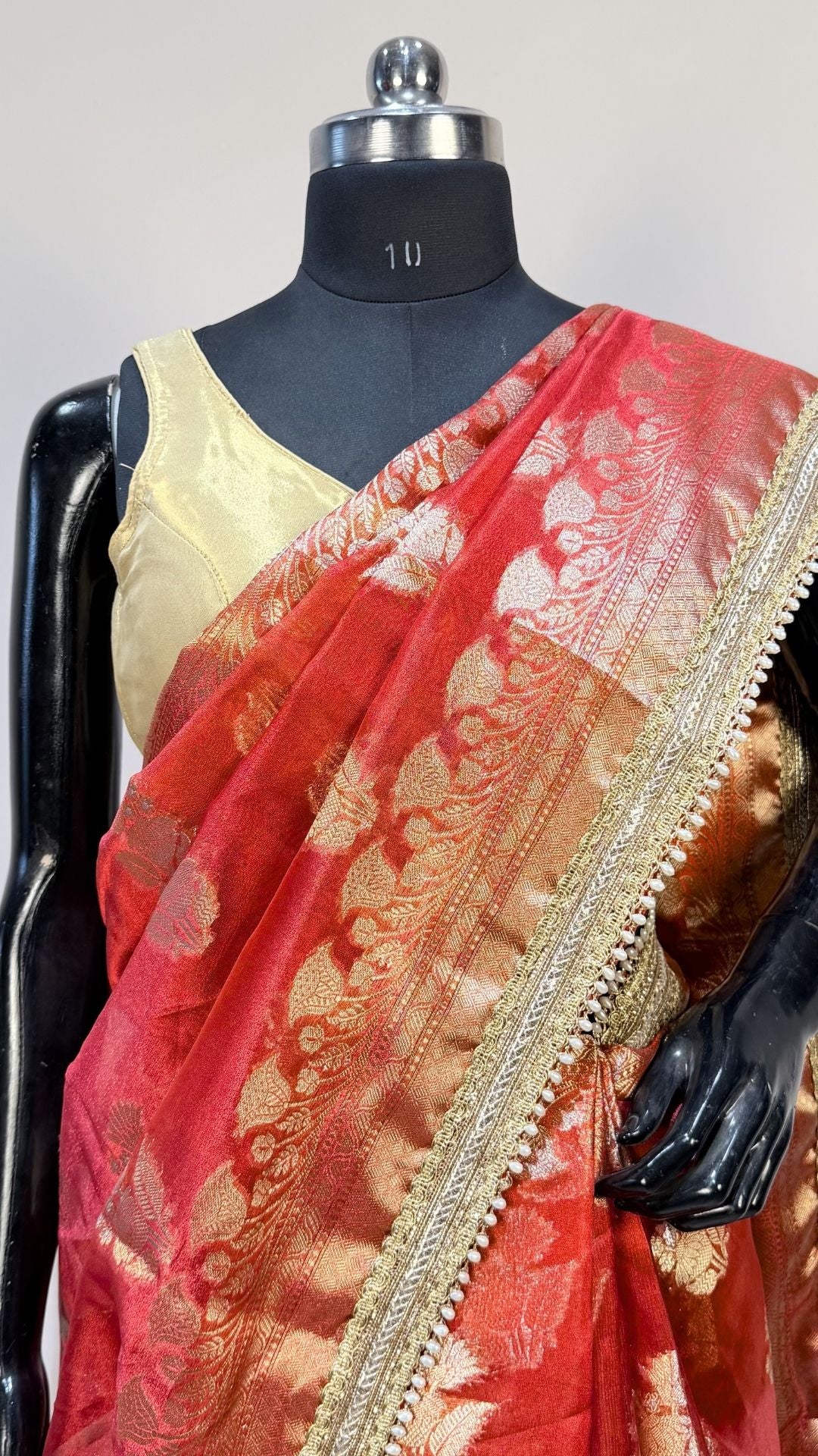 Orange Tissue Saree with Moti Lace Border