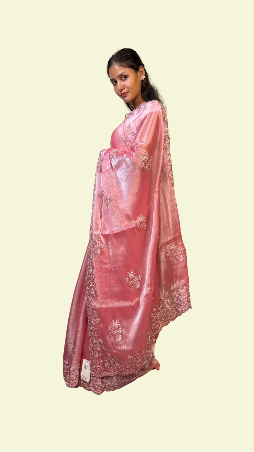 Rose Pink Floral Embroidered Crape Silk Saree