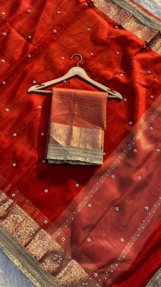 Royal Red Tissue Saree with Premium Stone Work & Designer Woven Border