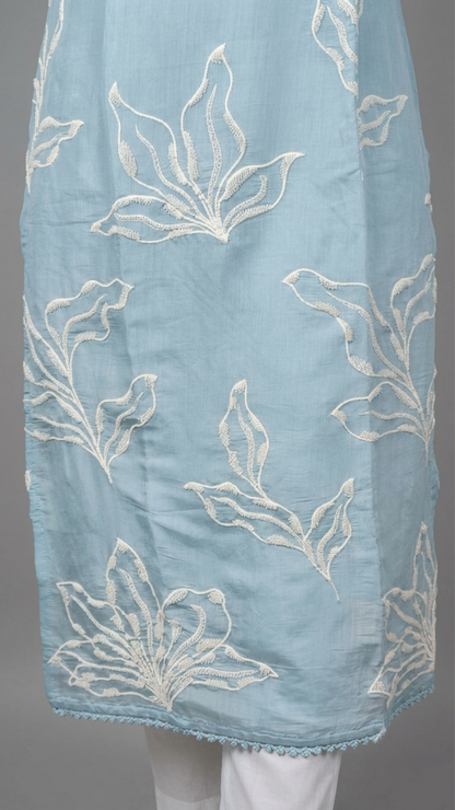 Royal Ice Blue Silk-Blend Suit with Mirror Work Neckline