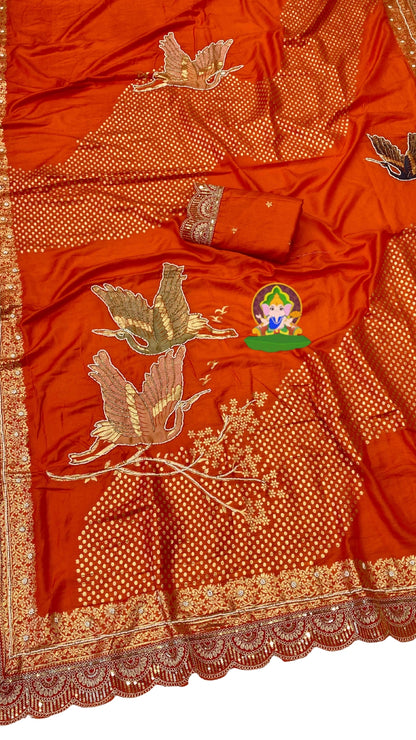 Orange Dola Silk Saree with Handcrafted Crane Motif