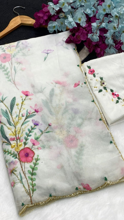Ivory Floral Tabby Silk Saree with Sequins & Katdana Handwork