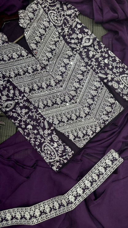 Royal Purple Ready To Wear Saree with Heavy Embroidered Koti Blouse & Fancy Belt