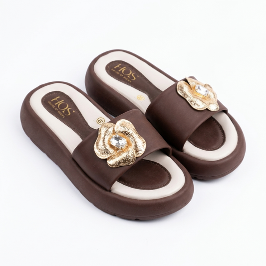Women’s Brown Slip-On Slides with Gold Floral Accent