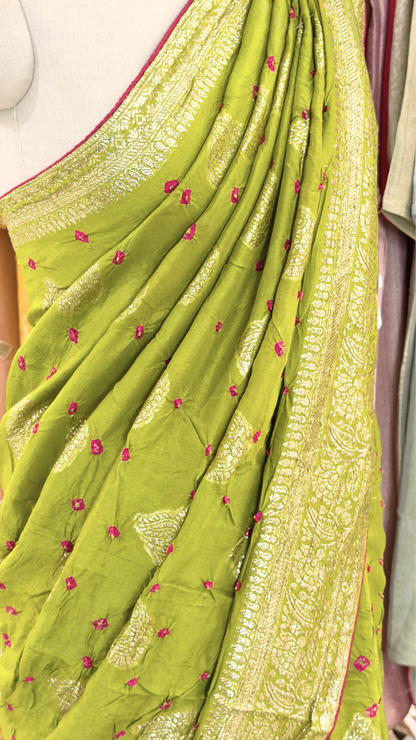 Banarashe Women’s Lime Green Banarasi Saree with Golden Buti Motifs & Woven Paisley Border
