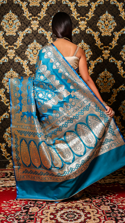 Azure Bloom Banarasi Silk Saree with Silver Zari Elegance