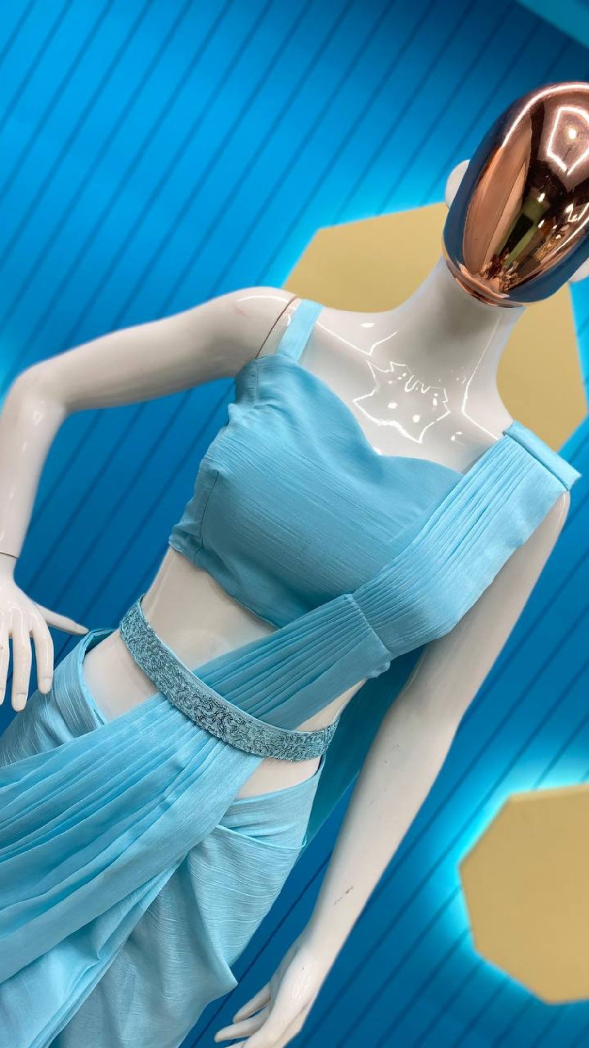 Sky Blue Chinon Ready-to-Wear Saree with Sequin Half Sleeve Koti