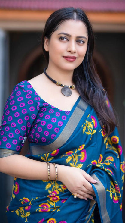 Blue Soft Cotton Crape Saree with Zari Pattu Border