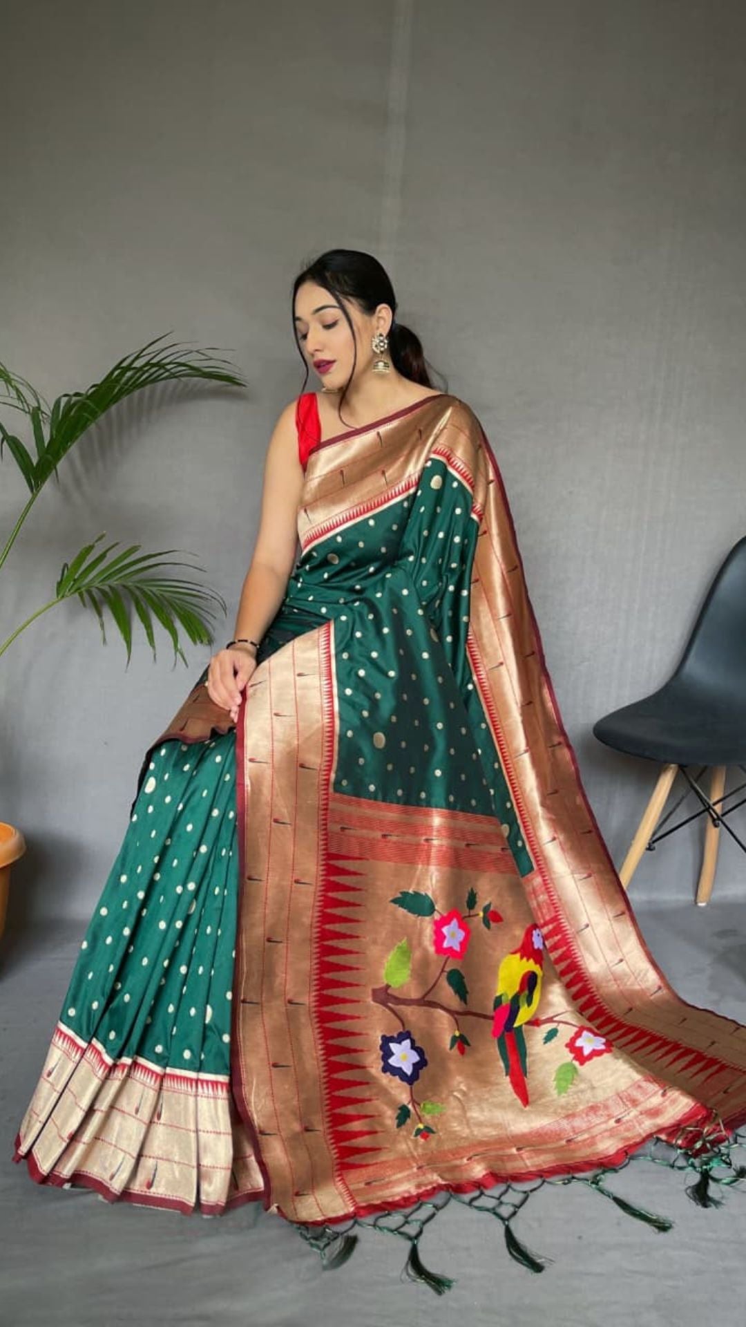 Bottle Green Paithani Soft Silk Saree with Rich Gold Zari Border & Woven Pallu