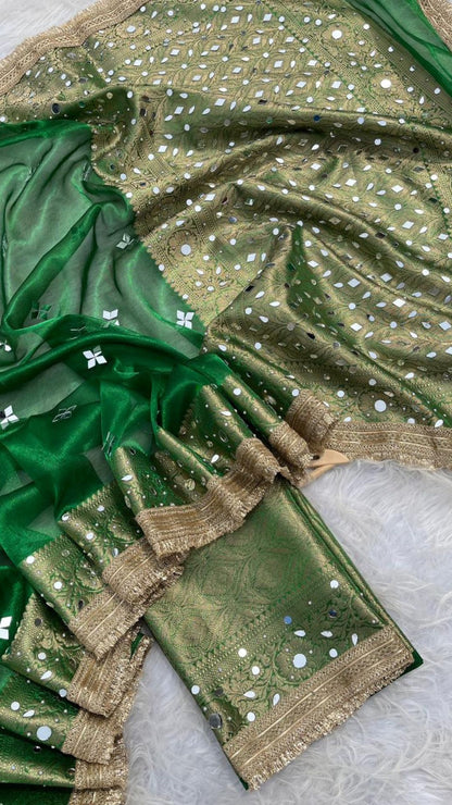 Mehandi Green Tissue Saree with Heavy Mirror Work
