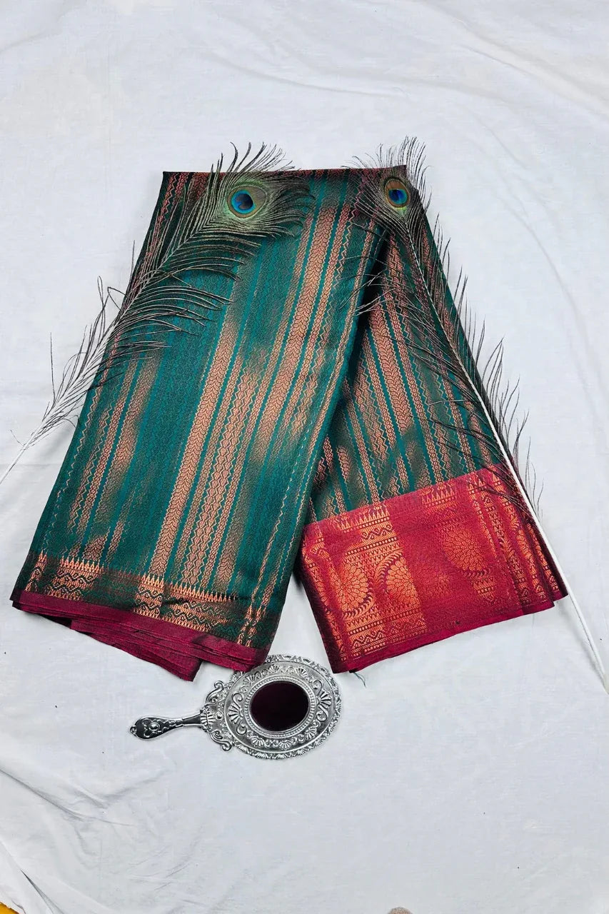 Antique Teal & Copper Striped Silk Saree with Ornate Maroon Zari Border